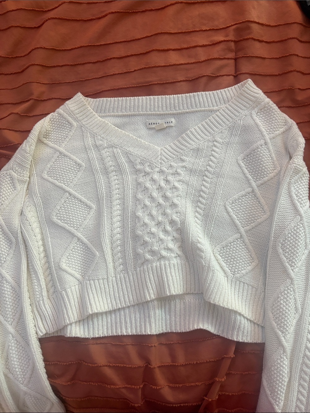 Aeropostale White Cable-Knit V-Neck Cropped Sweater